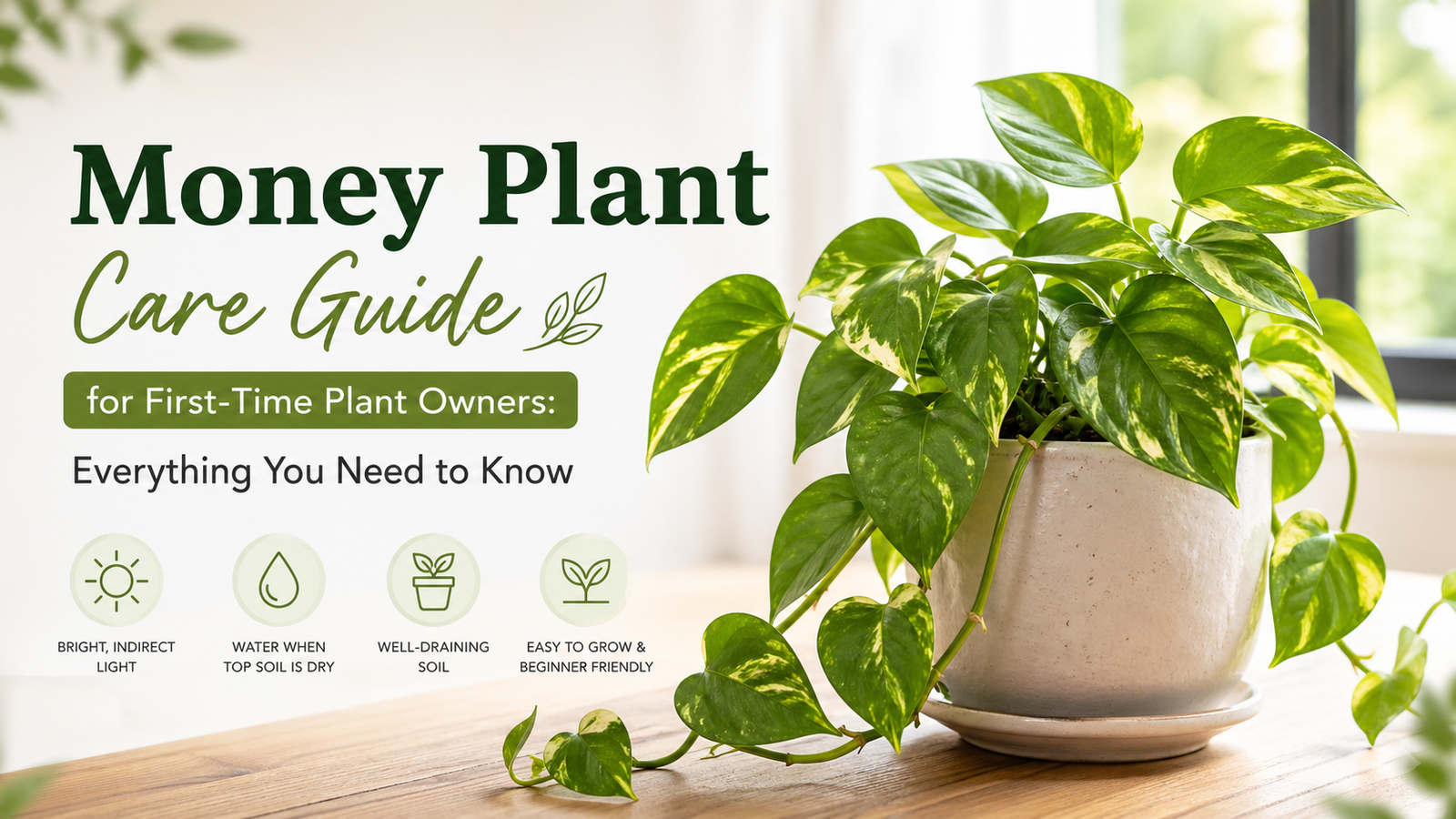 Money plant care guide showing healthy indoor pothos plant for beginner plant owners