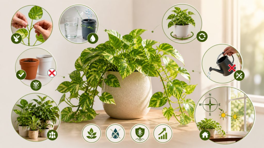 Money plant care tips infographic showing pruning, watering, pot selection, light, and indoor growth hacks