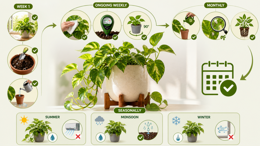Money plant care routine infographic showing weekly watering, light, seasonal care, and maintenance tips