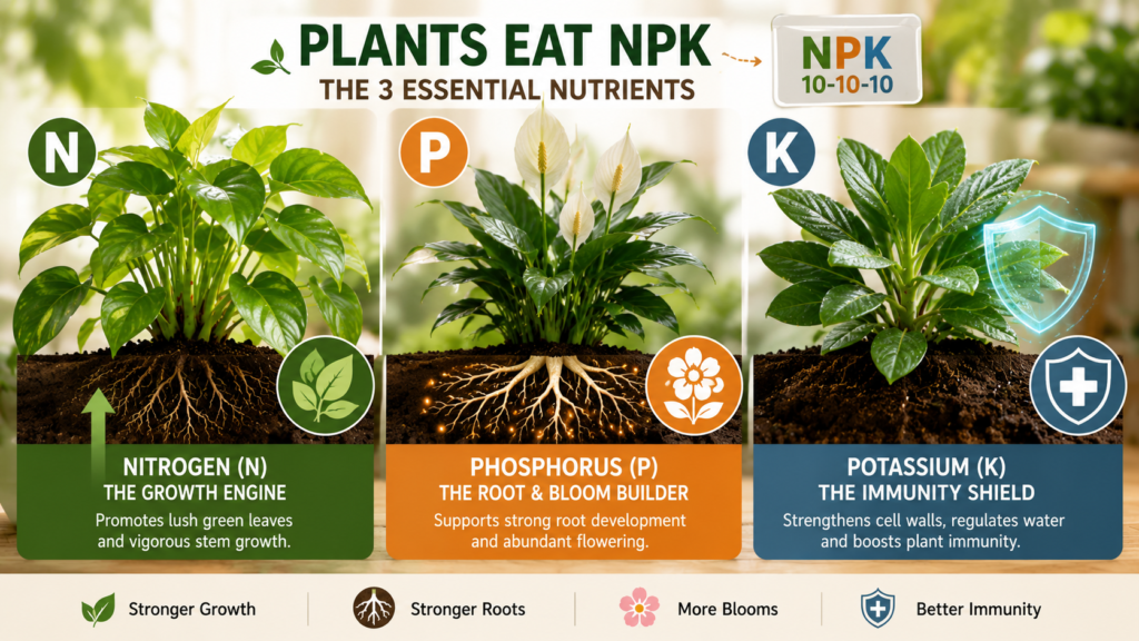 Infographic explaining NPK nutrients in plant fertilizer for indoor plants with nitrogen, phosphorus, and potassium benefits.