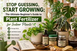 Healthy indoor houseplants with liquid plant fertilizer for indoor plants, showing lush green leaves and beginner plant care setup.