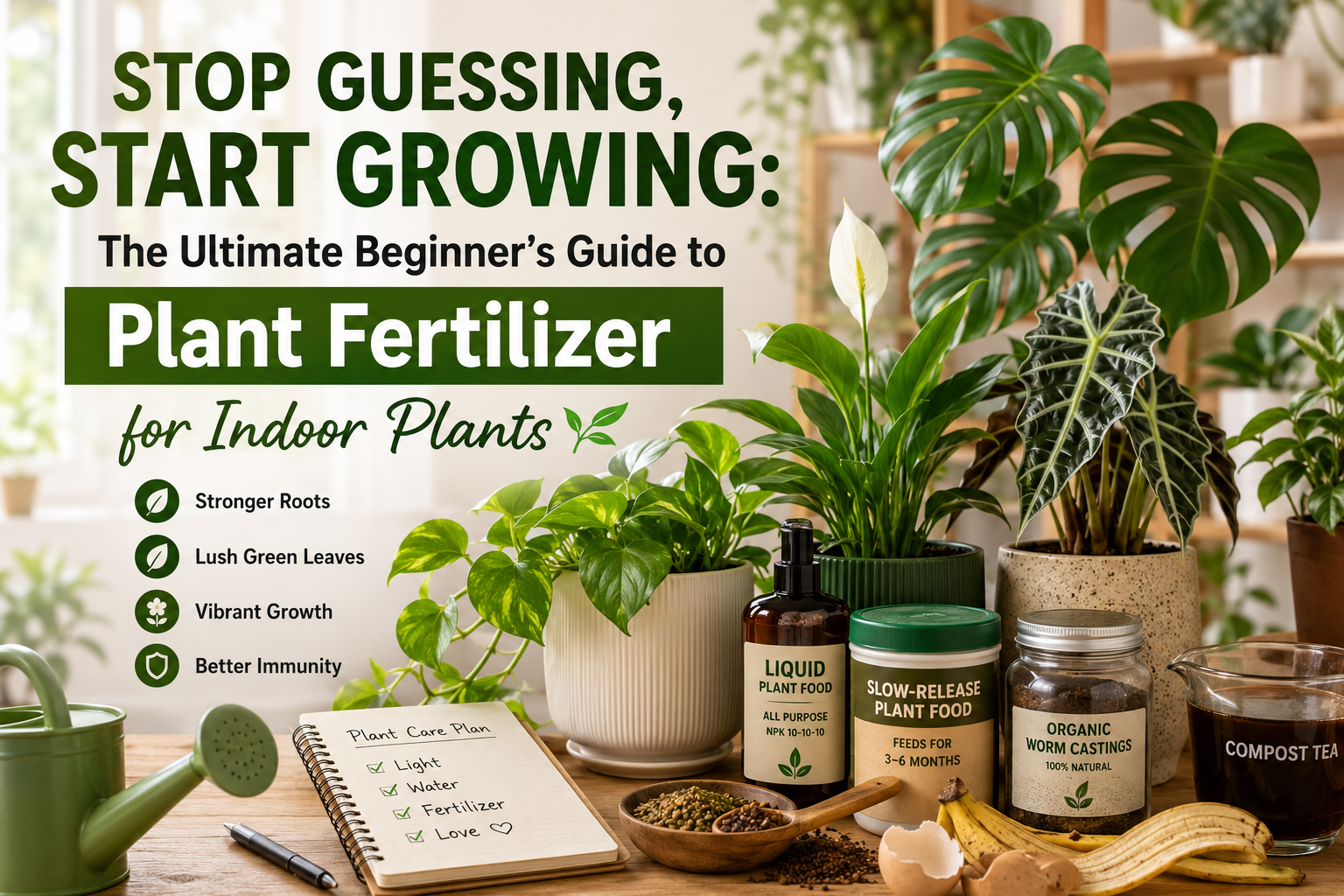 Healthy indoor houseplants with liquid plant fertilizer for indoor plants, showing lush green leaves and beginner plant care setup.