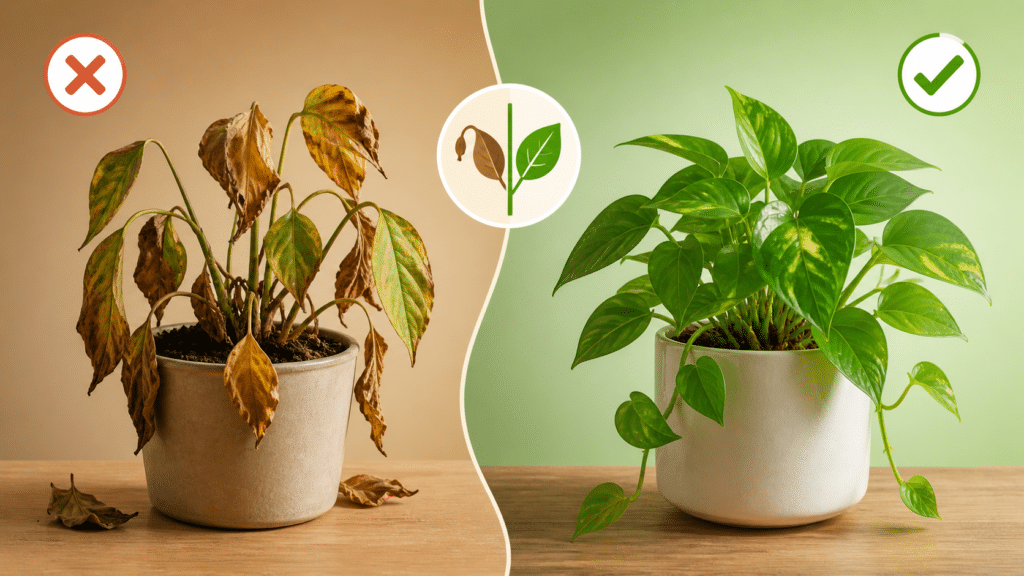 Comparison of a healthy green indoor plant and a stressed plant showing clear signs a plant is dying like yellow leaves and wilting