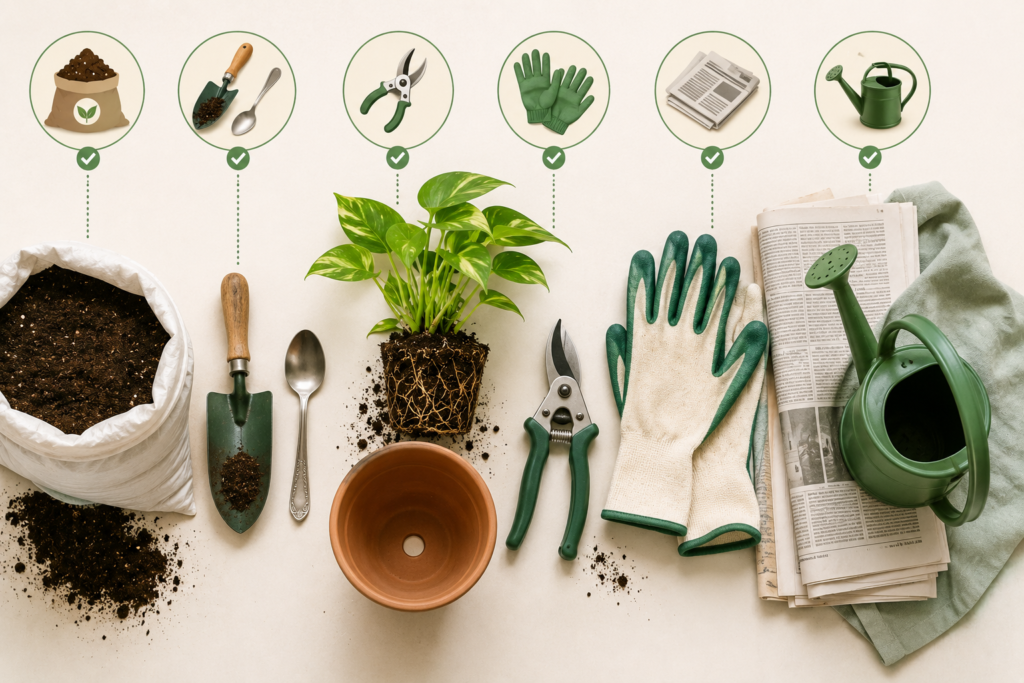 Plant repotting toolkit with potting mix, trowel, gloves, scissors, and watering can