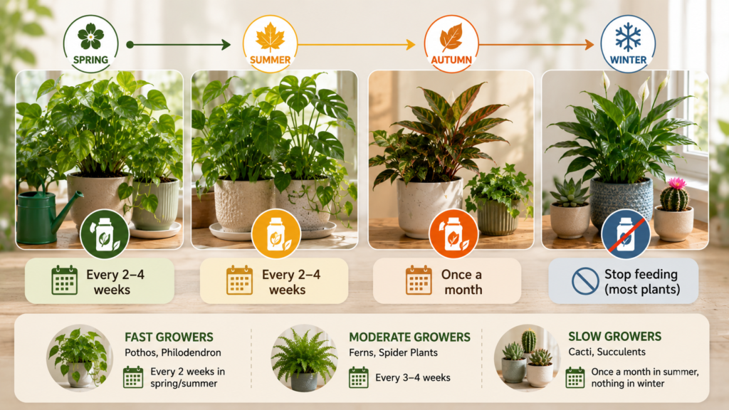 Seasonal feeding calendar showing when to use plant fertilizer for indoor plants during spring, summer, autumn, and winter.