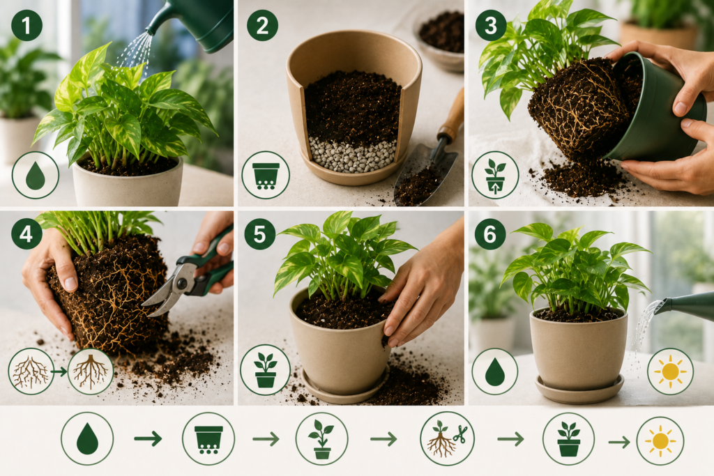 Step-by-step plant repotting process showing watering, root trimming, fresh soil, and proper indoor plant care