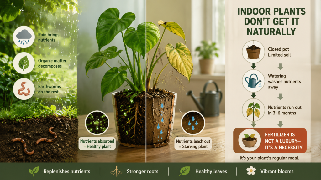 Infographic showing why plant fertilizer for indoor plants is essential as indoor soil loses nutrients over time.