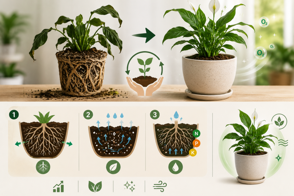 Plant repotting infographic showing root growth, fresh soil, and healthier indoor plant development