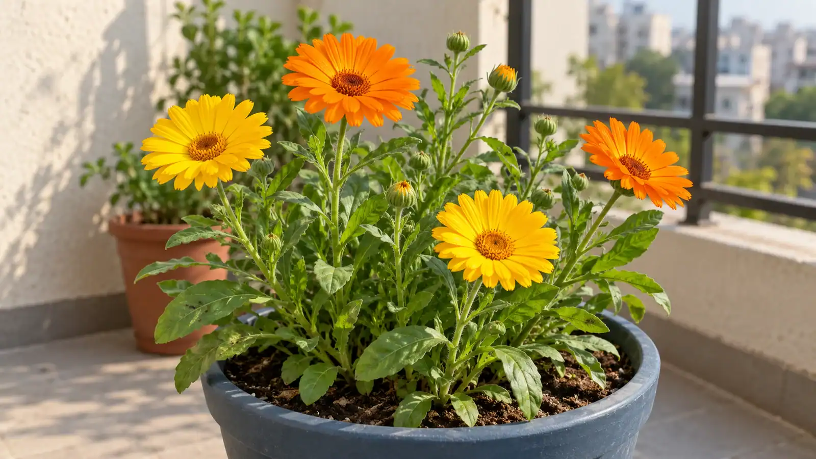 Yellow and orange calendula flowers, green buds and simple leaves in a blue pot on a sunny balcony