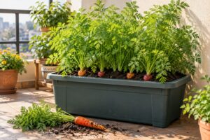 Carrots growing in a deep pot on an Indian balcony garden