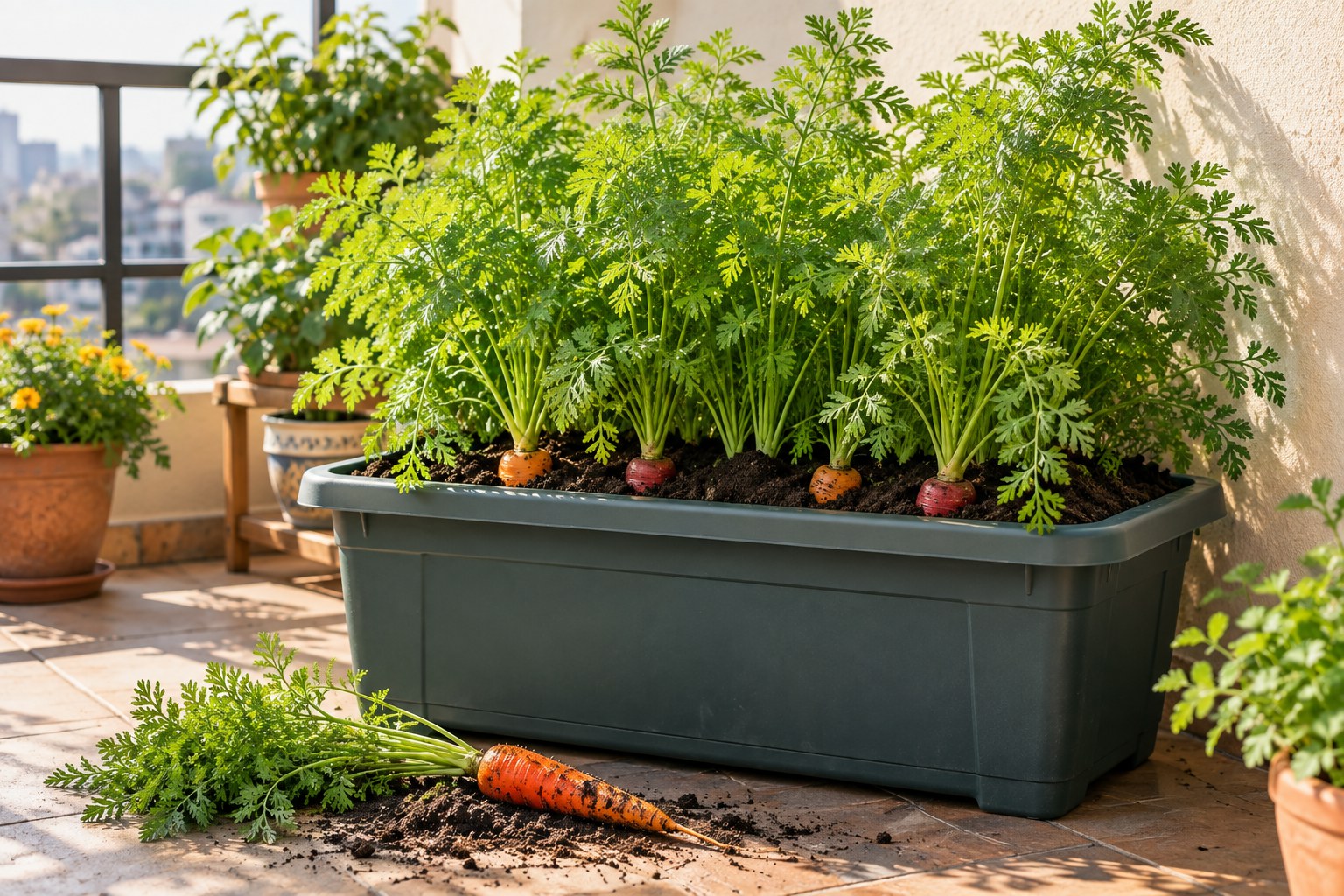 Carrots growing in a deep pot on an Indian balcony garden