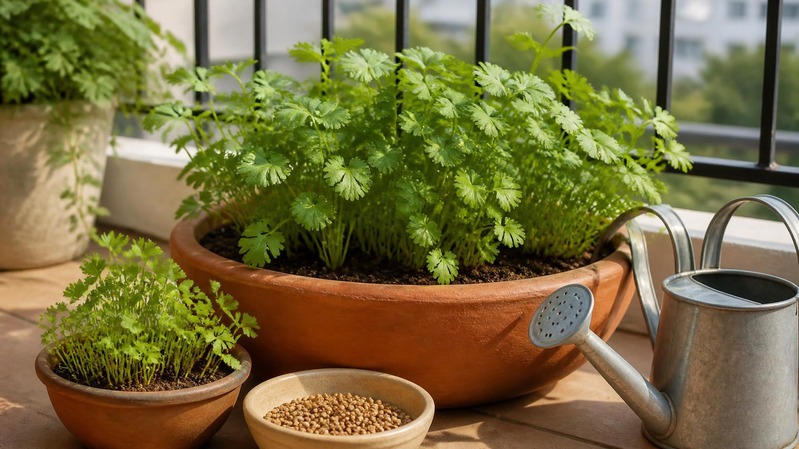 Coriander plants and seedlings in terracotta pots beside a watering can on a sunlit balcony