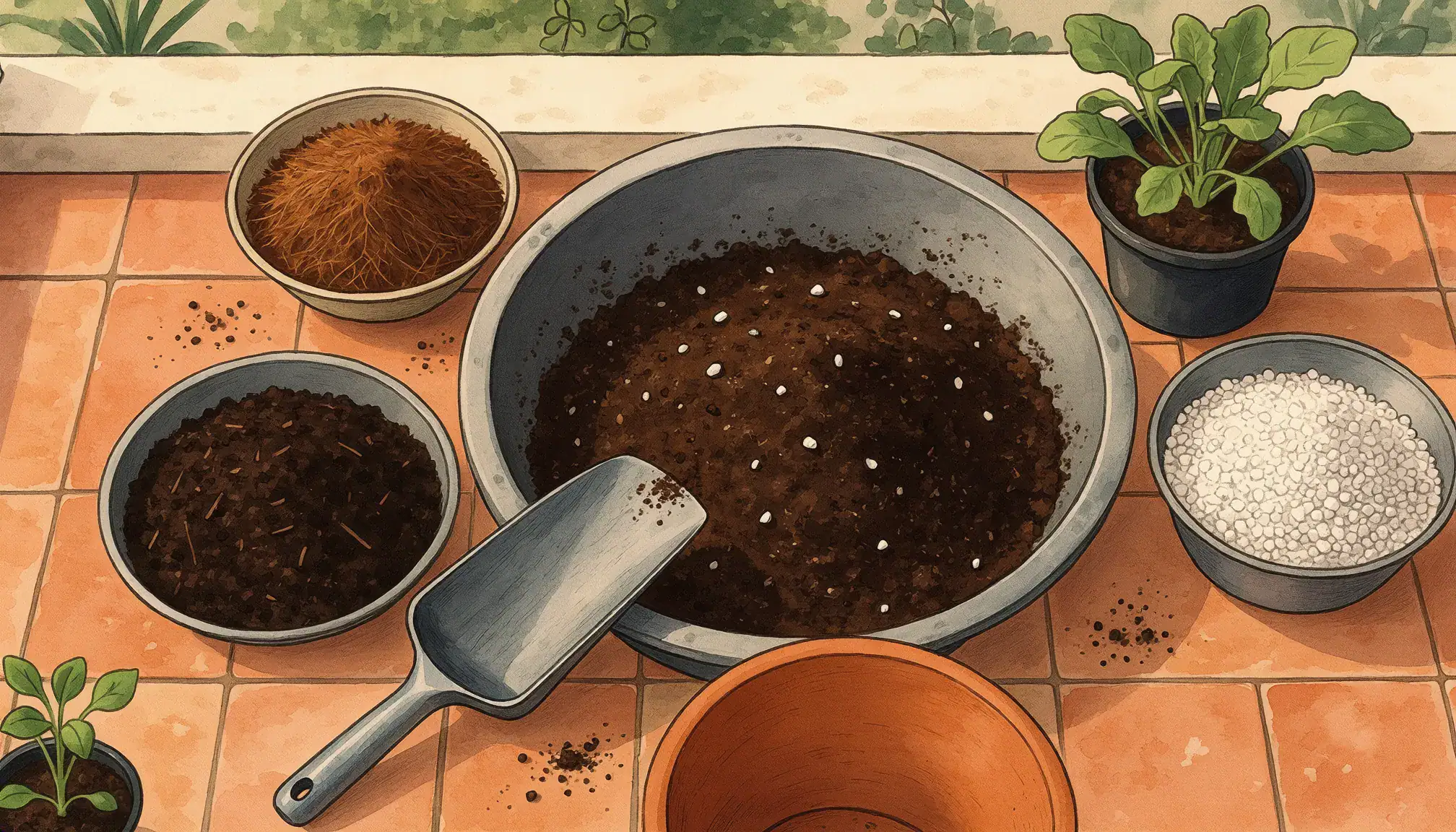 Illustration of a basin of potting mix, bowls of coir, compost and white granules, a scoop and potted leafy plants