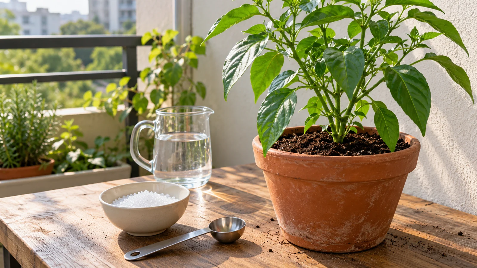 White crystals in a bowl beside an empty measuring spoon, water jug and a potted chilli plant on a balcony table