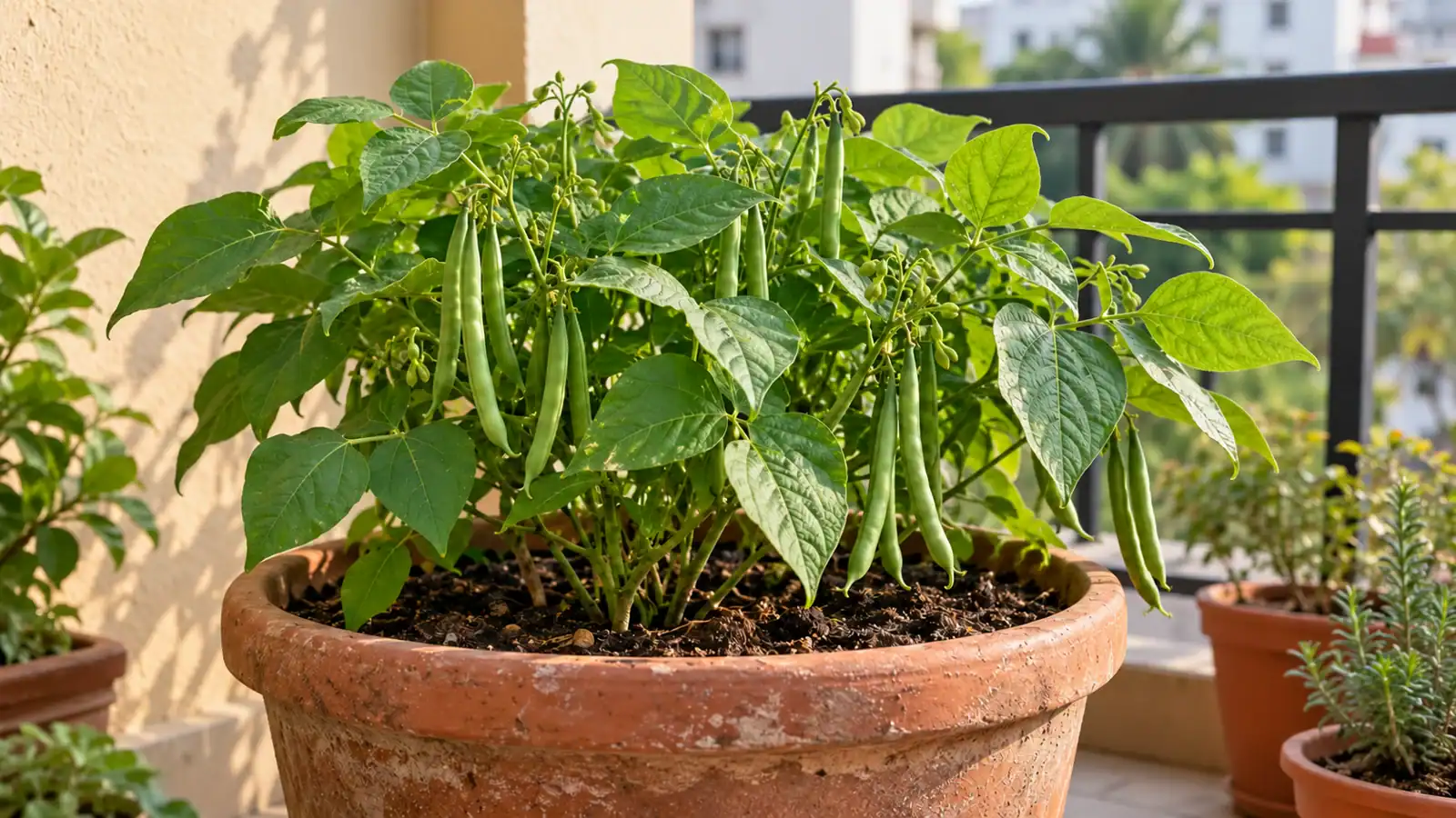 AI-generated realistic image of a compact French bean plant bearing slender green pods in a terracotta pot on a sunlit balcony