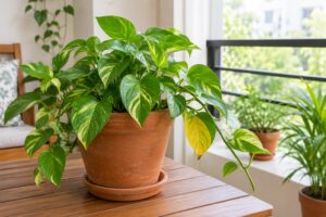 Green money plant in a terracotta pot beside one yellowing leaf near a bright window