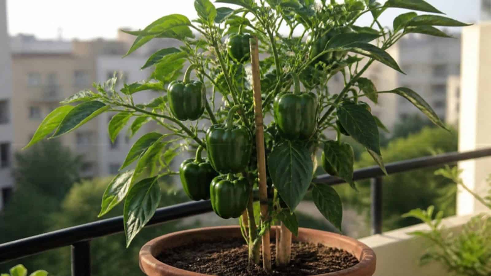 Capsicum plant with green bell peppers supported by a bamboo stake in a terracotta pot on a balcony