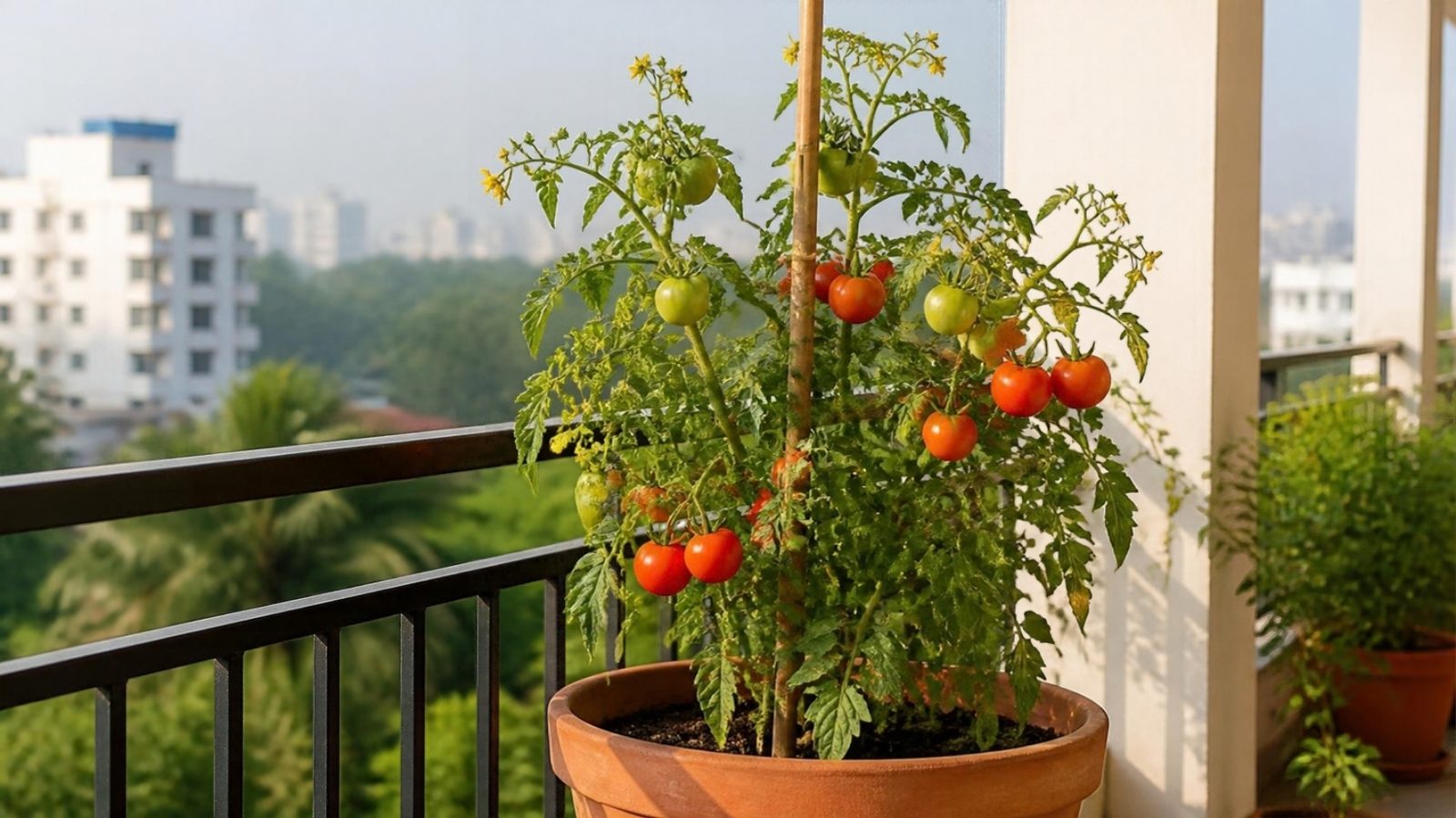 Tomato plant with red and green tomatoes tied to a bamboo stake in a terracotta pot on a balcony