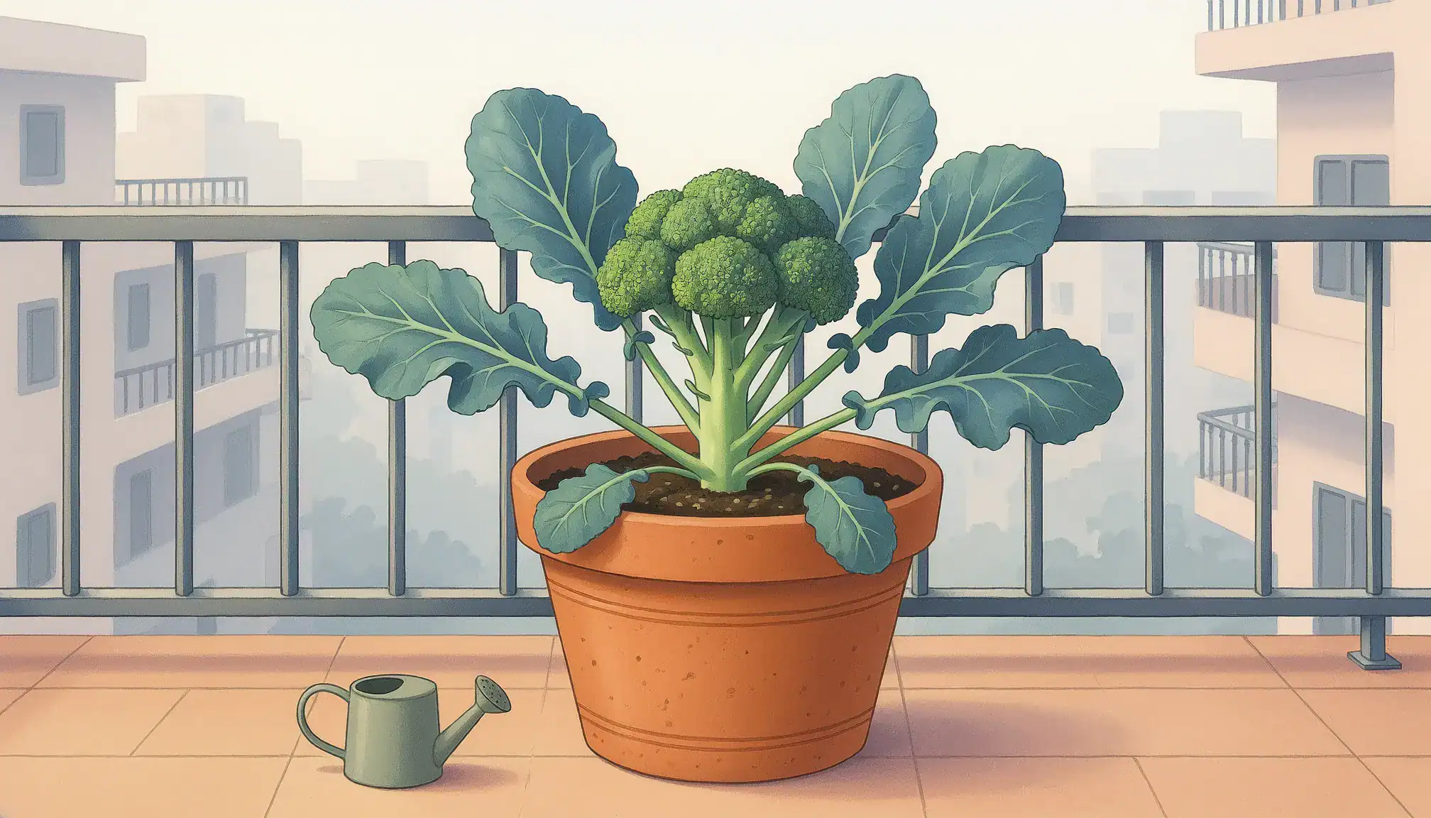 Illustration of one broccoli plant with a compact green head and broad leaves in a terracotta pot on a balcony, beside a watering can