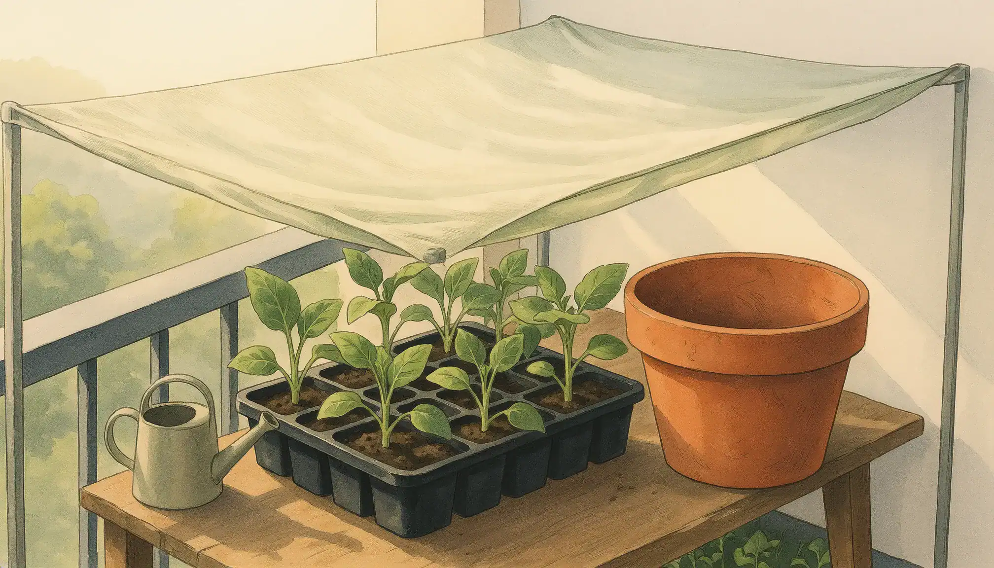 Illustration of leafy seedlings in a cell tray under a shade canopy on a balcony bench, beside a watering can and empty terracotta pot