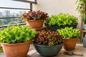 Healthy lettuce growing in pots on an Indian balcony