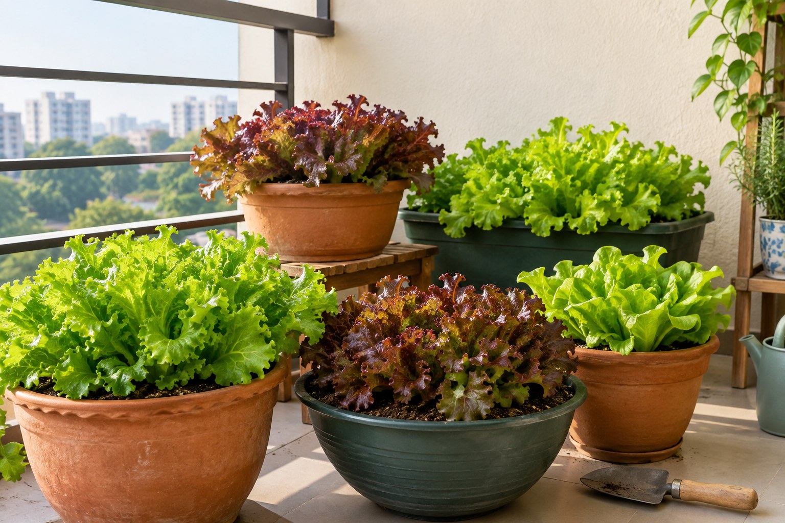 Healthy lettuce growing in pots on an Indian balcony