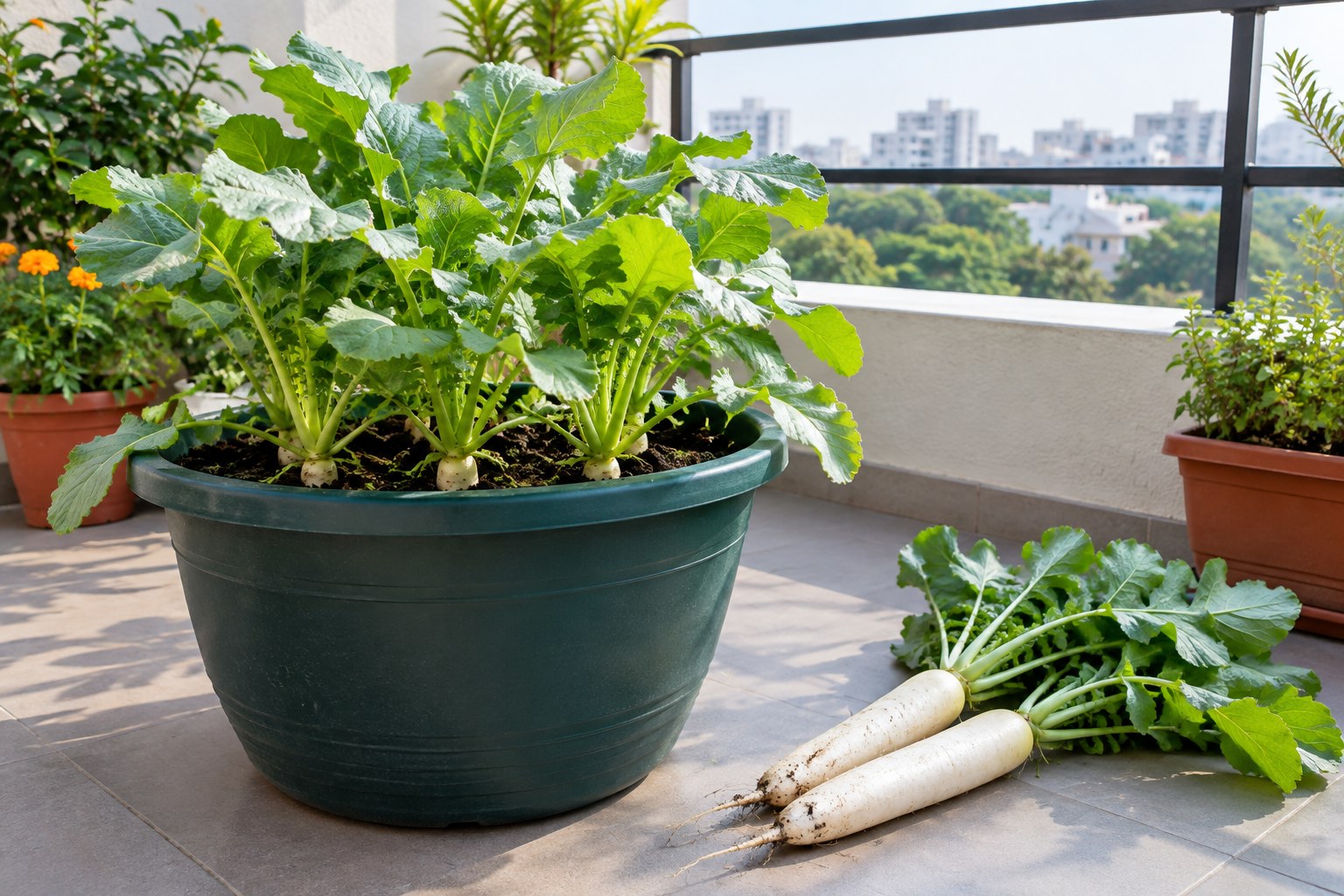 How to grow radish mooli in pots in India on a balcony terrace garden