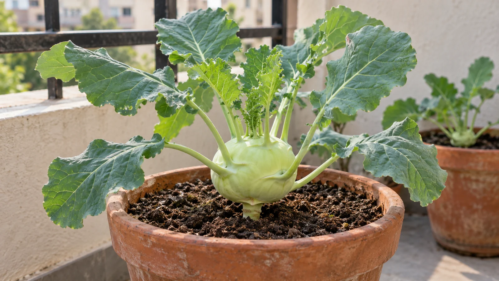 Green knol khol with a rounded stem above the soil and blue-green leaves in a terracotta balcony pot