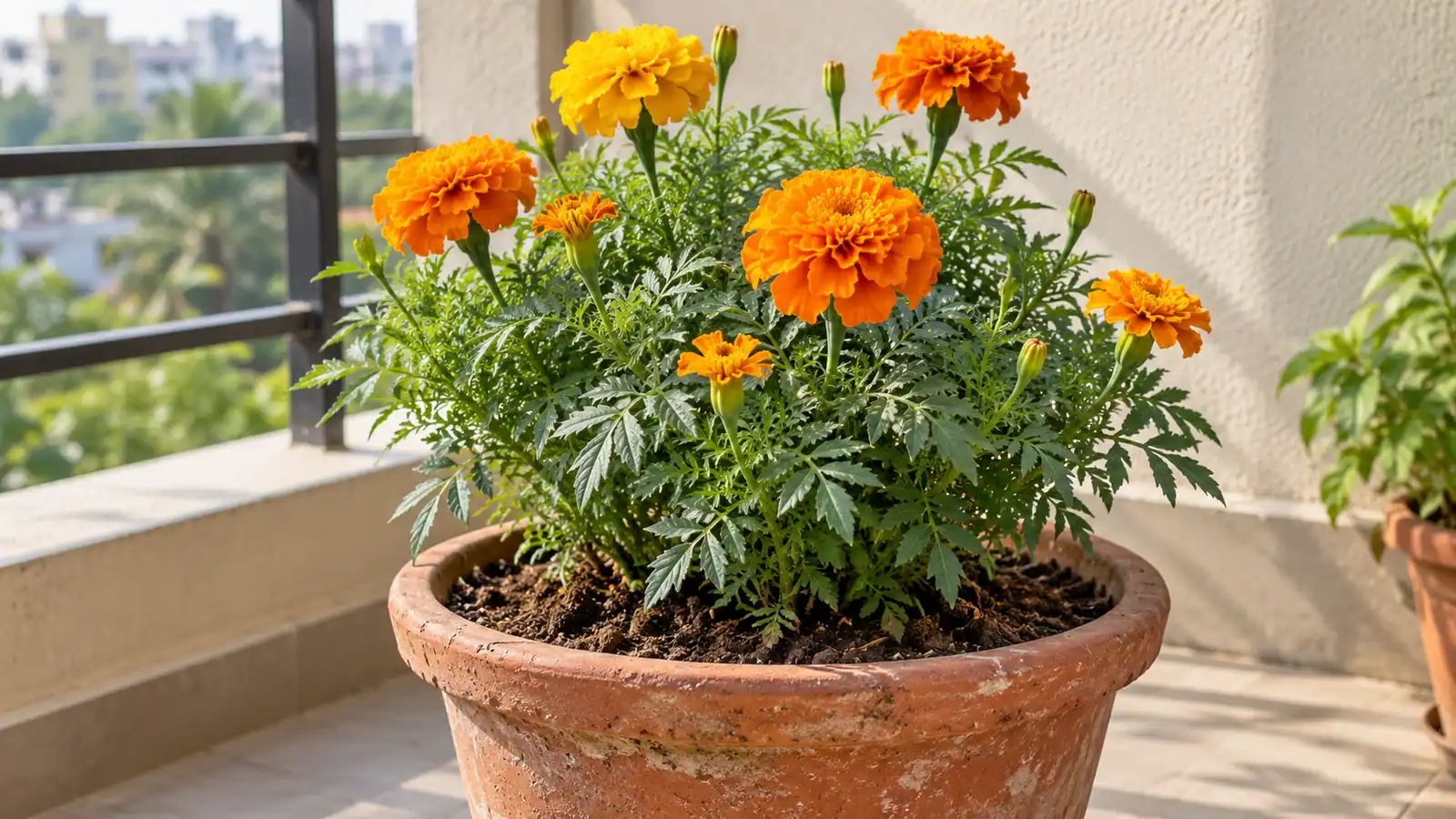 Orange and yellow French marigolds with finely divided foliage growing in a terracotta pot on a sunlit balcony