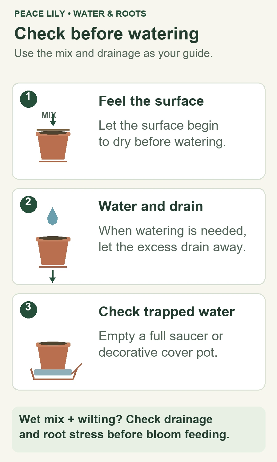 Watering diagram: check surface moisture, water when needed and allow drainage, then empty trapped water; wet wilting needs a root-stress check