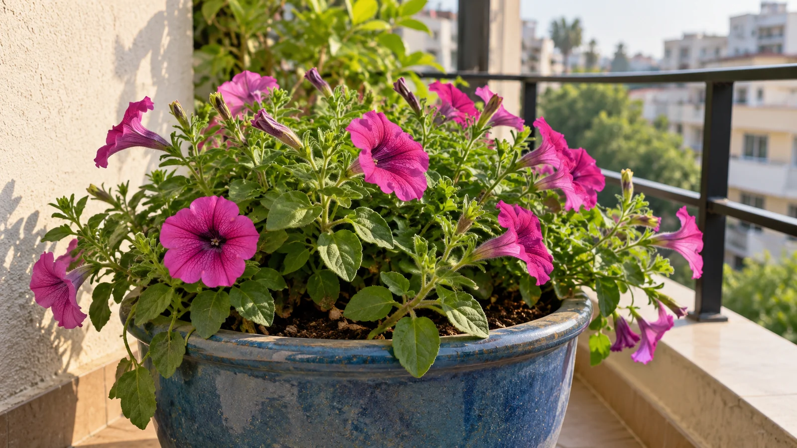 Magenta-pink trumpet-shaped petunia flowers and soft green foliage growing in a blue ceramic planter on a sunny balcony