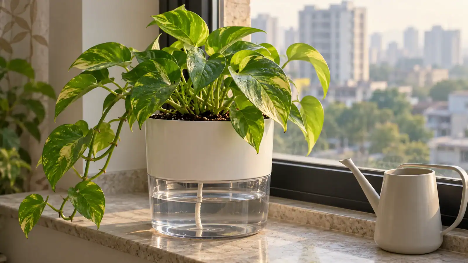 Golden pothos growing in a white planter above a transparent water reservoir with a visible wick beside a window