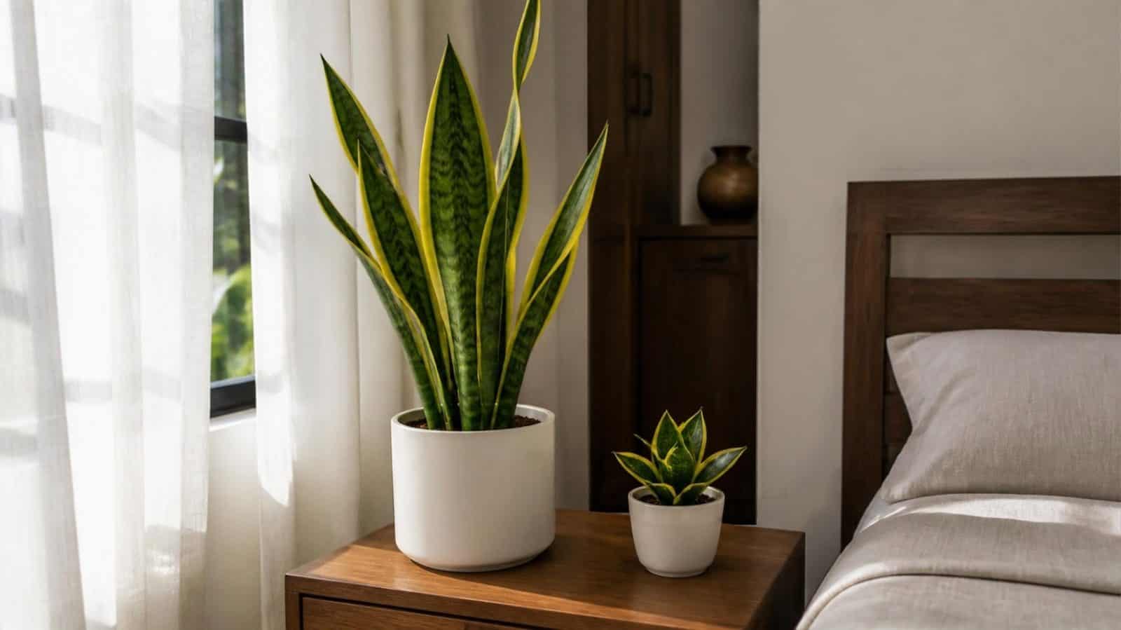 Tall yellow-edged snake plant in a white pot beside a small golden hahnii snake plant on a wooden bedside table in a bright bedroom