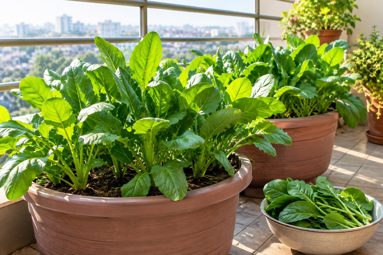 Spinach palak growing in pots on an Indian balcony garden