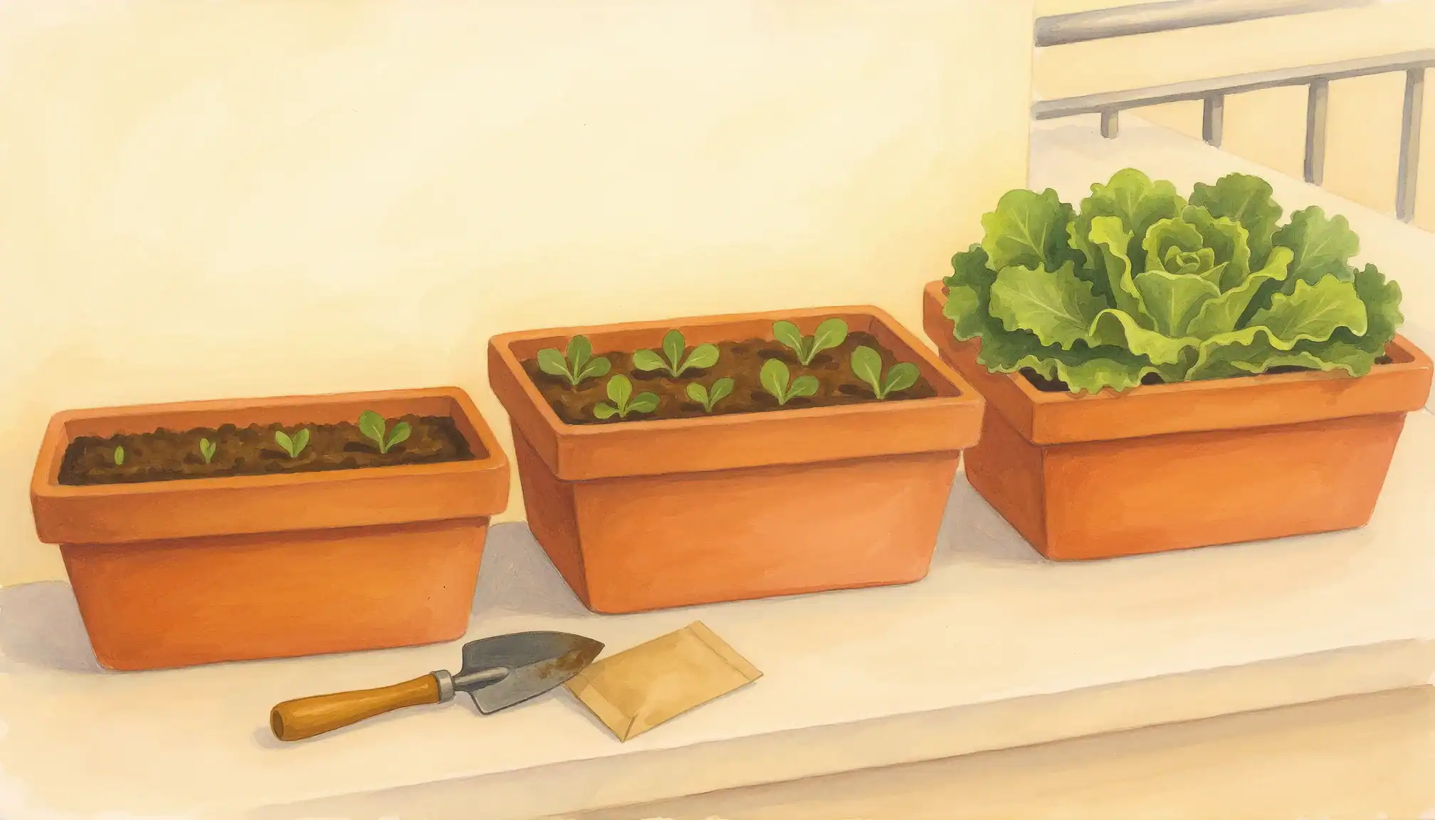 Illustration of three terracotta planters with leafy vegetables at sprout, seedling and mature stages on a balcony