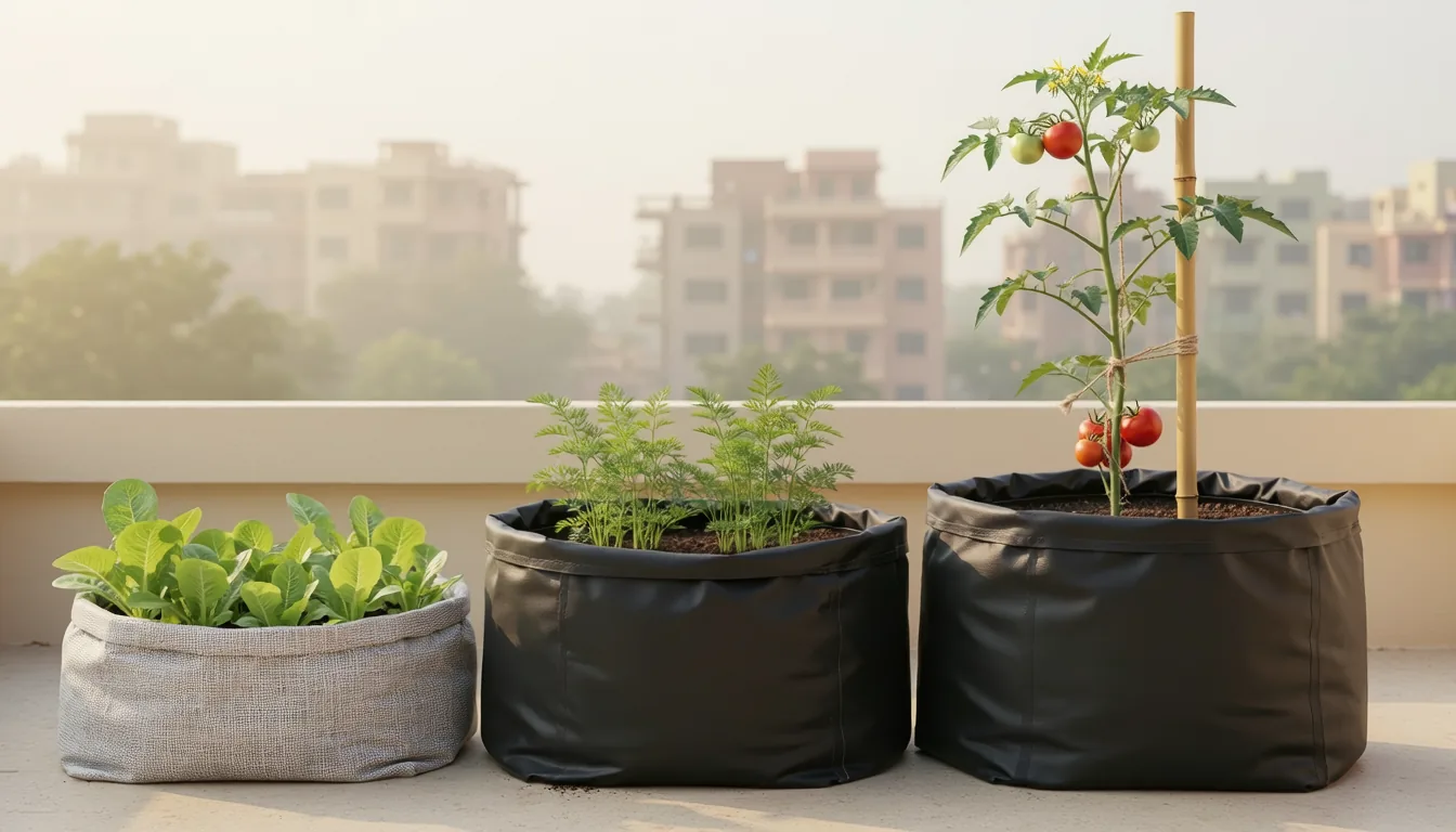 Three grow bags with leafy greens, carrot foliage and a staked tomato plant on an urban terrace