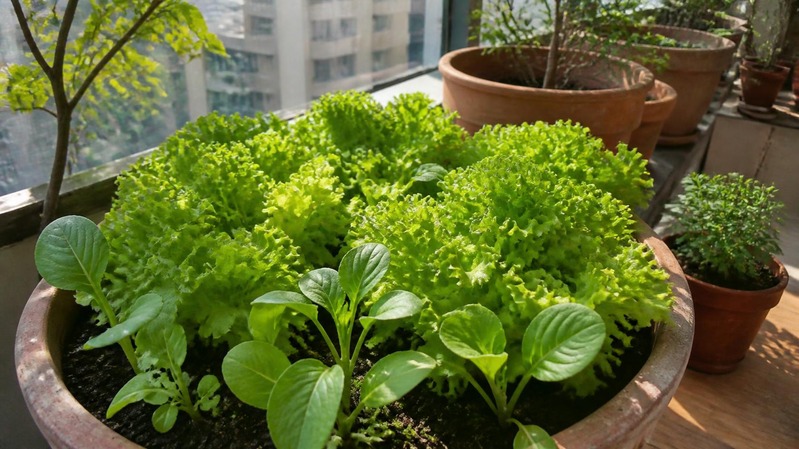 Fresh green leaf lettuce growing in a shallow pot on an Indian balcony in winter sunlight