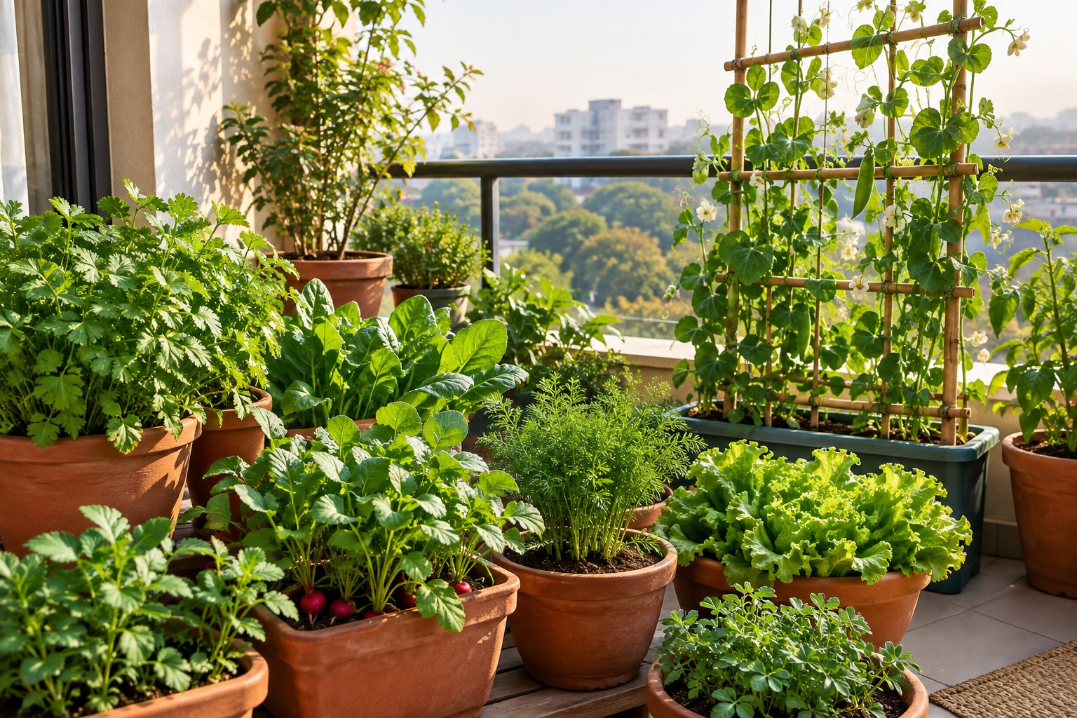 Winter vegetables growing in pots on an Indian balcony in October, including coriander, spinach, radish, carrot, lettuce and peas